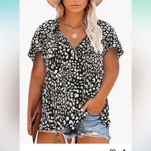 Flutter Sleeve Tie-Neck Boho Leopard Print 2X Blouse